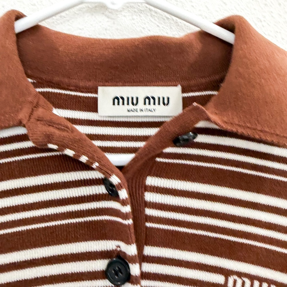Miu Miu Striped Cotton Polo Shirt Brown Boho Preppy Retro Sweater Top 36/XS - Picture 3 of 5
